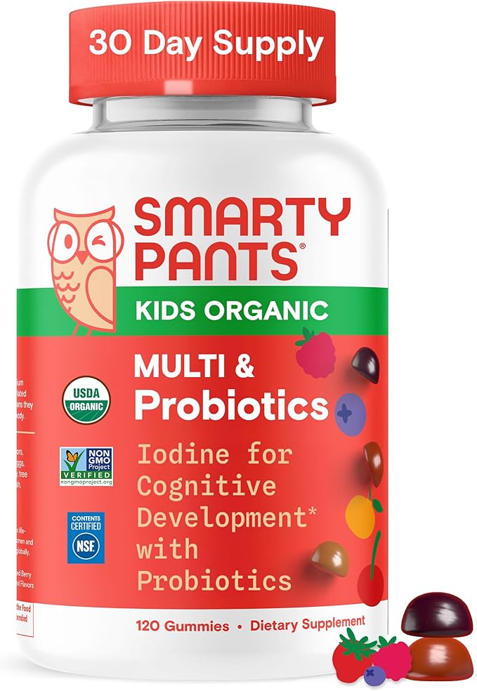SmartyPants Complément alimentaire pour enfants – Multivitamines biologiques, probiotiques, oméga 3 (ALA), vitamines D3, C, B12, B6, A, K, zinc pour le soutien immunitaire, biotine, 3 saveurs de fruits, 120 gommes (30 jours d'approvisionnement)