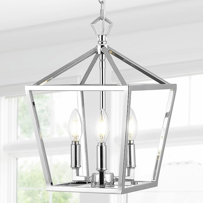 JONATHAN Y 10" Chrome 3-Light Pagoda LED Pendant Lantern, Classic Modern Farmhouse Chandelier for Kitchen Island, Dining Room, Entry, Foyer, Rustic Iron Frame (JYL7601C)