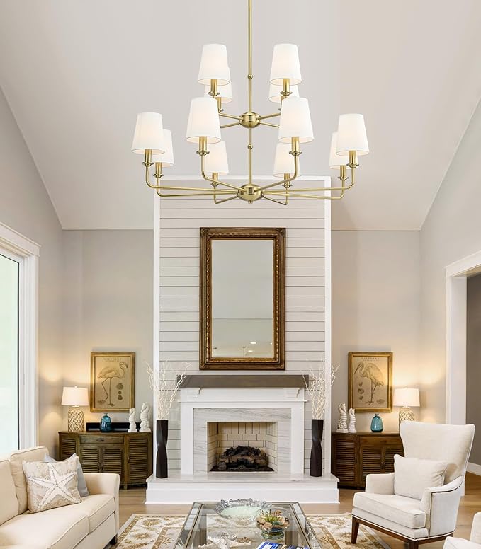 12-Light Brushed Gold Chandelier, E12 Bulb Compatible, White Fabric Shades, Adjustable Rod, Farmhouse & Industrial Style Ceiling Light for Living Room Dining Room Bedroom