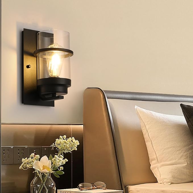 Modern Farmhouse Wall Sconce,Black Industrial Cylinder Glass Wall Light Fixture,Indoor Hardwired Wall Lamp for Bedroom,Hallway,Bathroom,Living Room,E26 Base