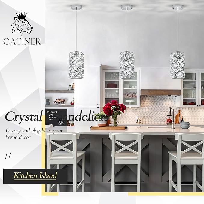 CATINER Modern Chrome Pendant Lighting, Mini Crystal Chandelier, Adjustable Pendant Light Fixture for Kitchen Island, Dining Room, Bedroom