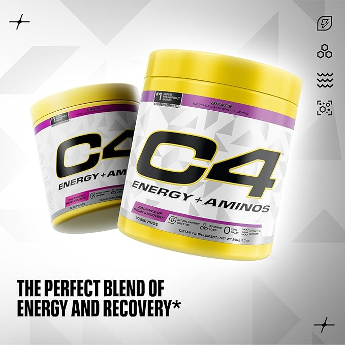 C4 Energy + Aminos Powder, 5g BCAAs & EAAs for Muscle Recovery, 3 Electrolytes for Hydration, 100mg Natural Caffeine, Pre Workout, Zero Sugar, 30 Servings, Grape