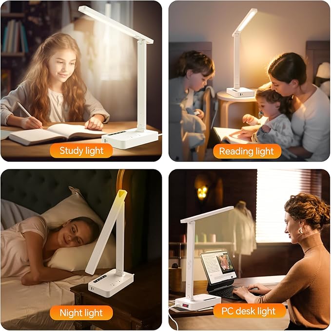 Desk Lamp with USB Charging Port: Table Lamp with Power Strip, Charging Station - 2 Outlets 1 USB-A Ports 1 Type-C Ports, Surge Protection, 5ft Extension Cord, 5 Color Modes 5 Brightness (White)