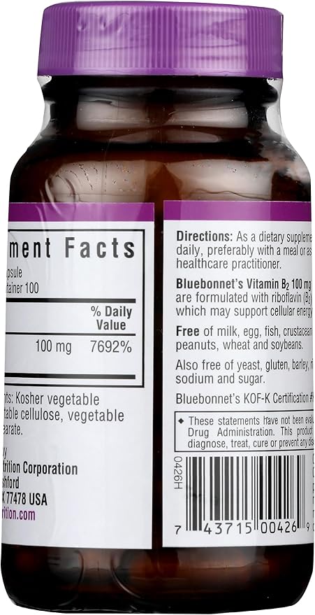 ブルーボネット 栄養 ビタミンB2 100mg、心臓血管と神経系の健康に、大豆不使用、グルテンフリー、コーシャ認定、乳製品不使用、ビーガン、非遺伝子組み換え、植物性カプセル100粒、100回分