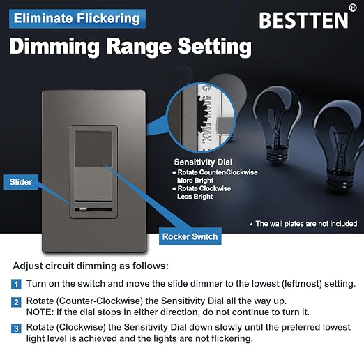 BESTTEN 5 Pack Matte Brown Dimmer Light Switch, Single Pole or 3-Way, Compatible with Dimmable LED, CFL, Incandescent and Halogen Bulb, 120VAC, UL Listed