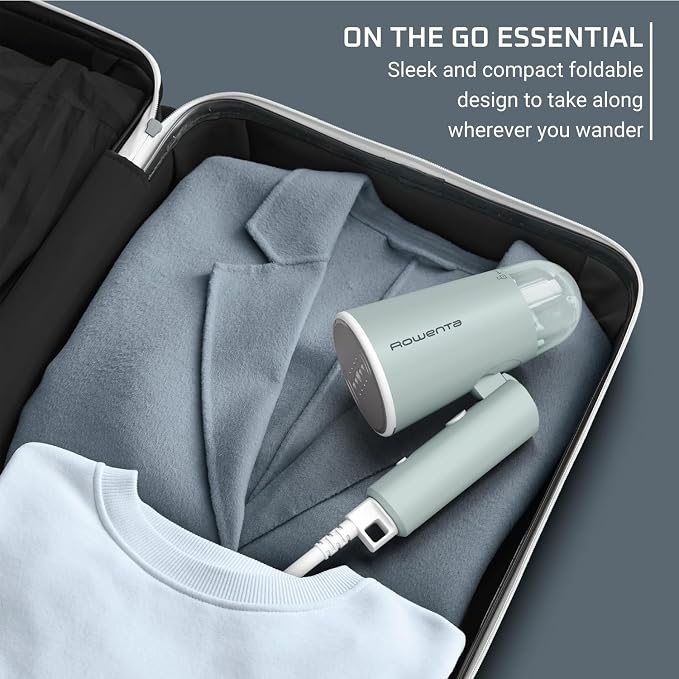 Rowenta Mini Travel Steamer for Clothes, Portable Handheld Steamer with 2.3 Oz Tank, Foldable, 1100 Watts, Ironing, Travel Essentials, Green, DR1014