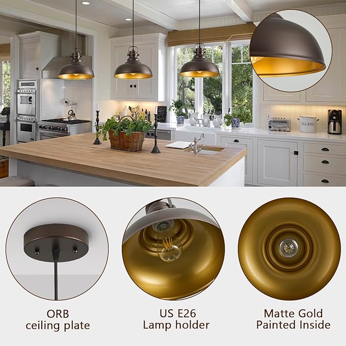 Refice 2 Packs Farmhouse Pendant Lights, Oil Rubbed Bronze Matte Pendant Lighting for Kitchen Island Industrial Adjustable Height Vintage Dome Hanging Light Fixtures for Barn, Dining Room