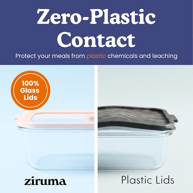 Ziruma Non-Toxic Glass Food Containers with Lids, 4-Pack, 21 oz, Beige | Plastic & BPA free. Glass body, glass lid & platinum silicone seal. Airtight & leakproof. Freezer & microwave safe