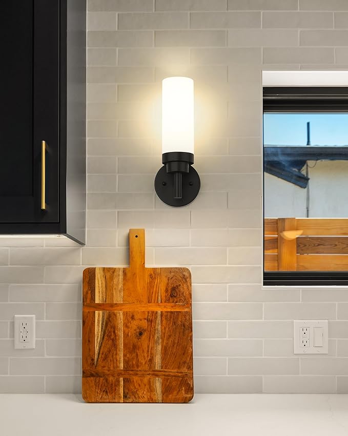 Emak Modern Wall Sconce Set of 2, Black Bathroom Light Fixtures with Milk Glass Shade, Farmhouse Wall Lamp for Bathroom, Bedroom, Living Room, Hallway, WS085-BK-ML-2PK