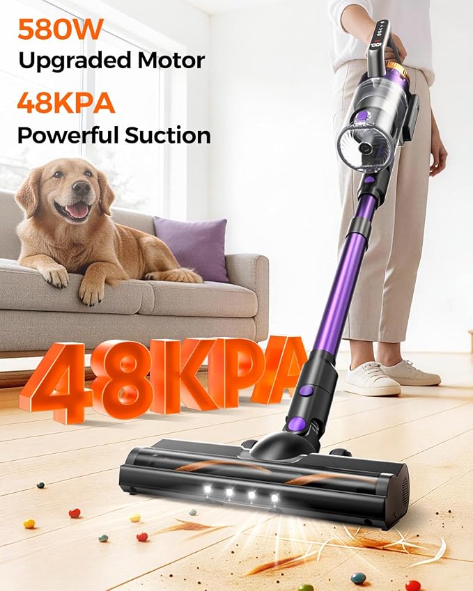 Cordless Vacuum Cleaner for Home, 580W/48KPa Powerful Suction, 65 Min Runtime, Lightweight Stick Vacuum with LED Screen & Wall Mount, Handheld Vacuum for Pet Hair, Carpet & Hard Floors