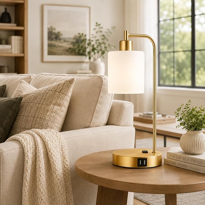 Set of 2 Industrial Touch Control Table Lamps with 2 USB Ports and AC Outlet - 3-Way Dimmable Gold Bedside Lamps Nightstand Desk Lamps for Bedroom Living Room, Opal Glass Shade & 2 LED Bulbs Included