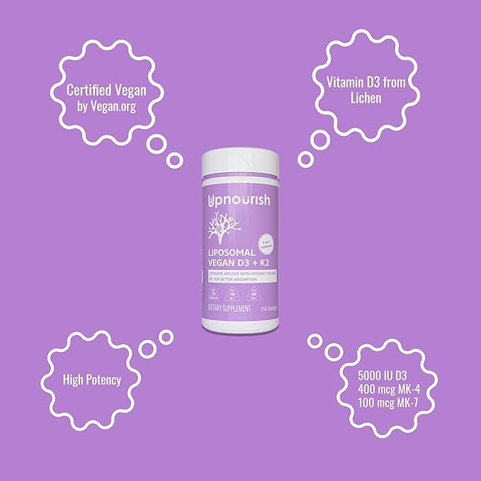 Complément alimentaire végétalien certifié UpNourish Vitamine D3 5000 UI K2 MK4 MK7 500 mcg, 150 capsules molles, Vitamine D K liposomale végétale avec huile de noix de coco biologique, Sans OGM, sans gluten et sans gélatine