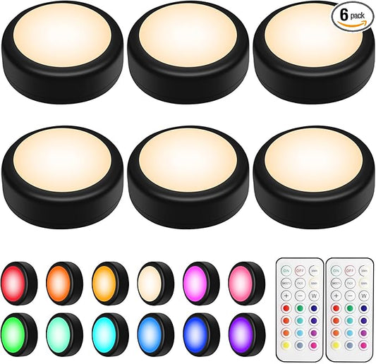 BLS LED Puck Lights with Remote Control, Wireless Under Cabinet & Closet Lighting, RGB 13 Color Changing Lights with Dimmer, Timer & AA Battery Operated, Push, Touch, Stick on for Night, Black, 6 Pack