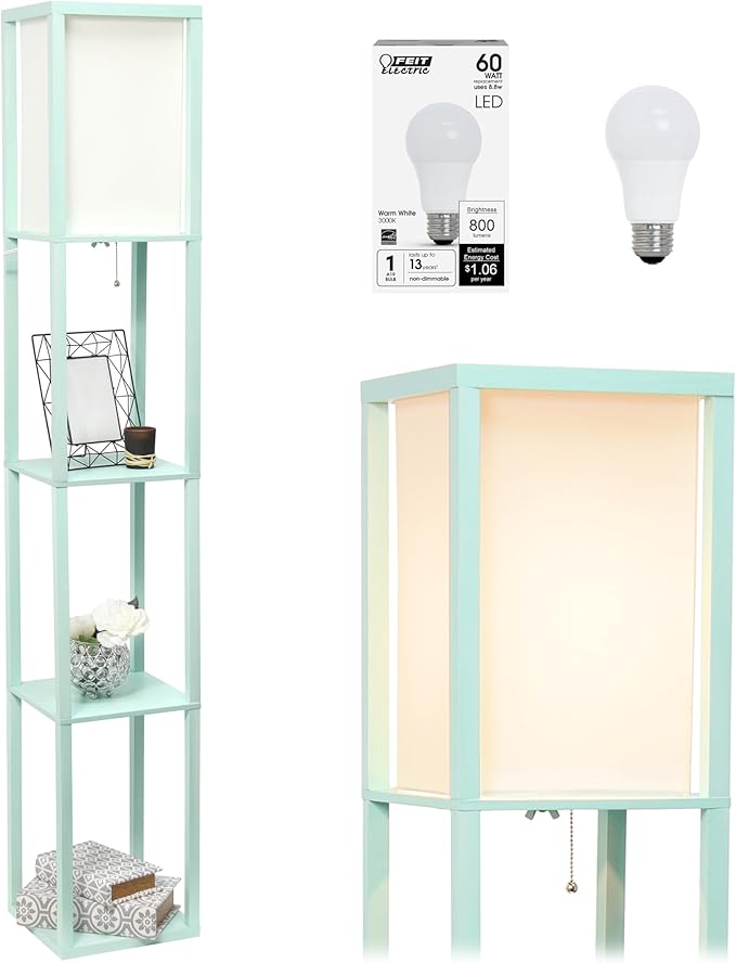 Simple Designs LF1014-AQU-LB Three Shelf Etagere Organizer Storage Floor Lamp with White Linen Shade for Living Room, Bedroom, Office, Hallway, Aqua, with Feit LED Bulb Included