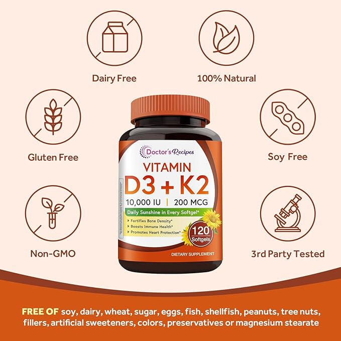Doctor's Recipes Vitamin D3 K2, 10,000 IU, 200 mcg, MK-7, Strong Bone Density, Teeth, Immune, Heart Support, Energy, Calcium Absorption, No Soy & Gluten, Non-GMO, 120 Softgels