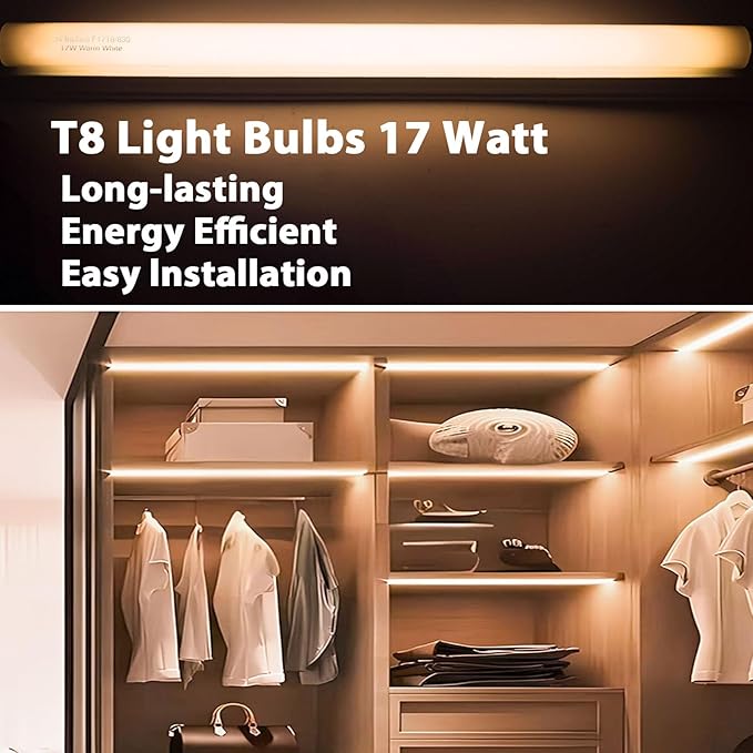 Konideke 24 inch F17T8/830 17 Watts Light Bulb Warm White, 2 Foot Straight Fluorescent Tube T8 Tube Light F17T8/WW, 1500 Lumen G13 Medium Bi-Pin Cap 8 Pack