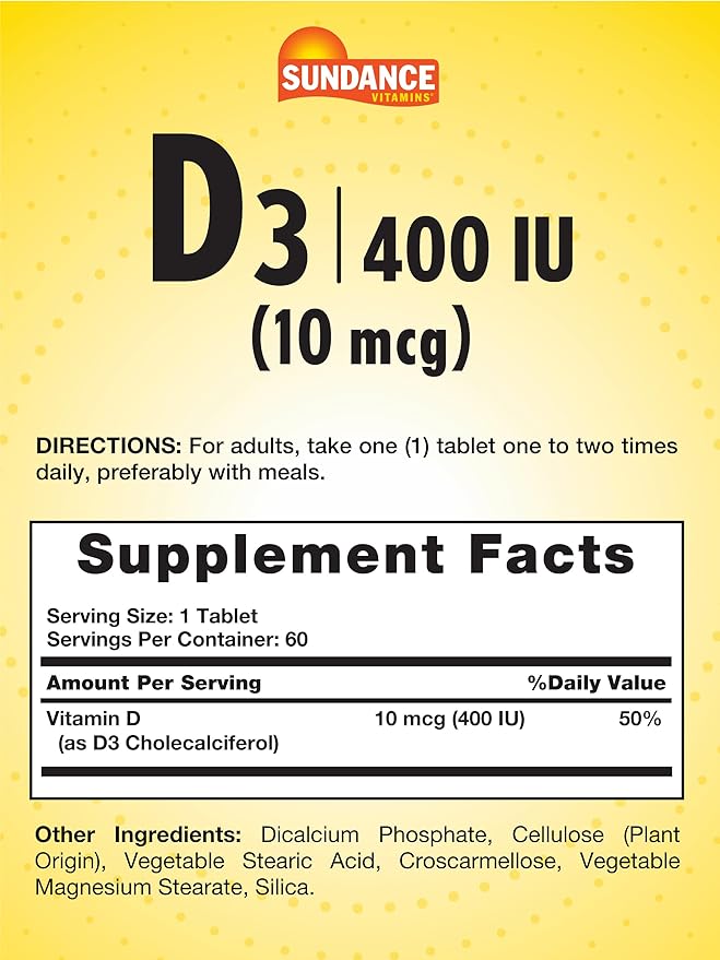 Sundance Vitamine D3 400 UI (10 mcg) | 60 Comprimés Végétariens | Complément Vitaminique Essentiel | Formule Végétarienne, Sans OGM et Sans Gluten