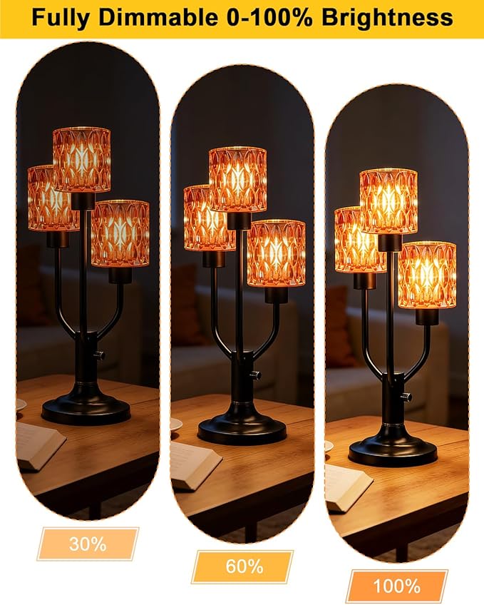 Mid Century Modern Table Lamp for Living Room Dimmable Nightstand Lamp Black Vintage Desk Lamp with Red Glass 3 Bulbs Included Warmwhite Ambient Bedside Lamps for Bedroom Office Home Decor