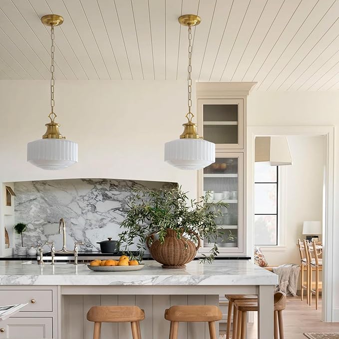 Milk Glass Pendant Light, 10.63" White Pleated Glass Chandelier, Vintage Brass Antique Pendant Lights, for Kitchen Island Lighting, Hallway, Bedroom, Dining Room, Foyer, E26 Bulb Included