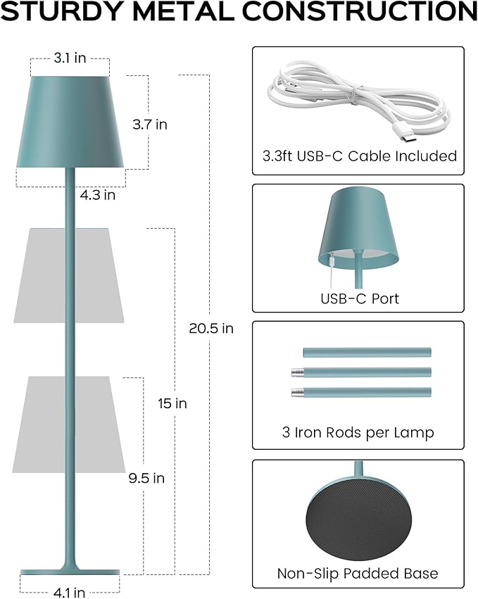 JACKYLED Cordless Table Lamps Rechargeable, 3 Adjustable Height, 5000mAh Battery Operated, 3 Colors Smooth Dimming, Portable LED Waterproof Table Lamp for Kitchen, Bedroom, Outdoor (2 Pack-Lake Blue)