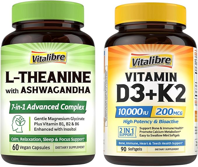 Vitamine D3 K2 10000 UI 90 gélules et L-Théanine 200mg 60 gélules