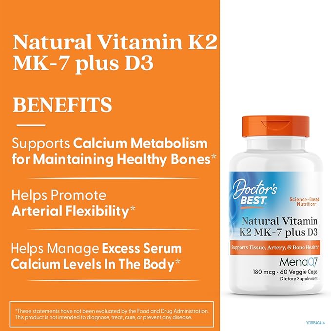 Doctors Best Vitamine K2 MK-7 et D3 naturelles, soutient les tissus, les artères et la santé des os, sans OGM, sans gluten, sans soja, végétarien 60 gélules végétales