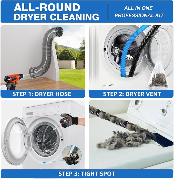 Petode 22-piece 50-Feet Dryer Vent Cleaner Kit, Dryer Vent Cleaning Kit Lint Remover with Dryer Vent Brush, Vacuum Hose Attachment Cleaning Tools, Flexible Lint Trap Brush, Vacuum & Dryer Adapters