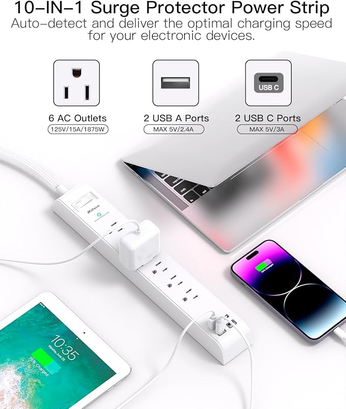 2 Pack Extension Cord 15FT, Power Strip Surge Protector with 6 Outlets and 4 USB Ports (2 USB C), Flat Plug Overload Protection, Extension Cord with Multiple Outlets, Wall Mount for Home Dorm College