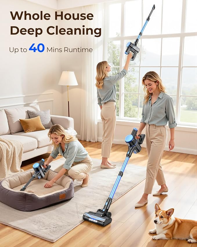 UML0 N8 Cordless Stick Vacuum Cleaner,Lightweight Vacuum Cleaner with Powerful Suction,Self-Standing,Rechargeable Vacuum Cleaners for Home Hardwood Floor Carpet Pet Hair (Cerulean)