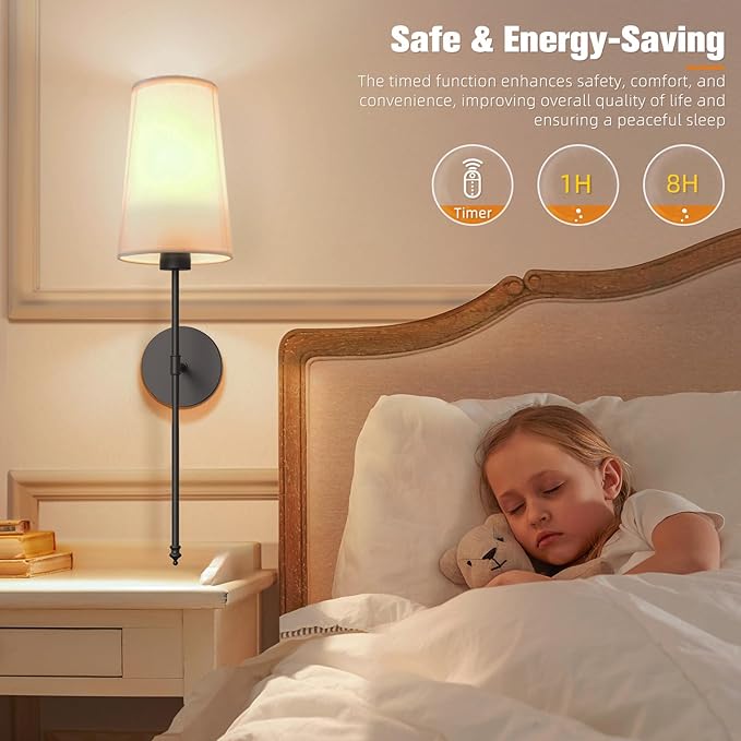 NIORSUN Black Battery Operated Wall Sconce Set of 2,Rechargeable Wall Lights with 10400mAh Dimmable Detachable Bulbs and Remote,9 Colors Wireless Sconces for Bedroom Living Room Hallway
