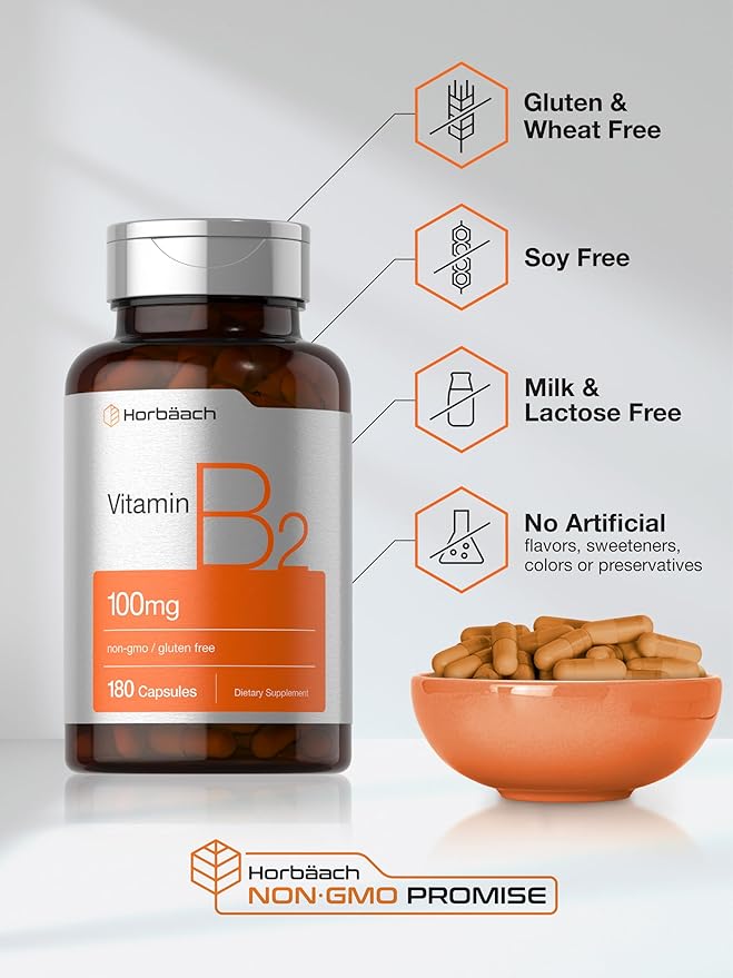Horbäach Vitamine B2 100 mg | 180 Capsules | Supplément de Riboflavine | Sans OGM et Sans Gluten