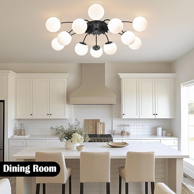 12-Light Milk Glass Pendant Light, 33" Sputnik Bubble Glass Chandelier Light Fixture, Hand Blown Semi Flush Mount Ceiling Chandeliers Lighting for Dining Room, Living Room (Black, 12-Light Ceiling)