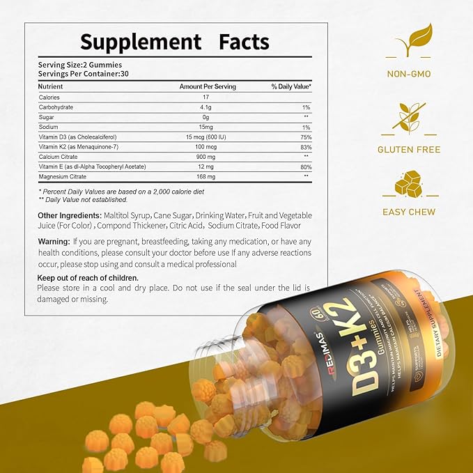 Calcium Gummies with Vitamin D3, K2 and Vitamin E, Chewable Calcium and Magnesium Supplement with Multi-Vitamin Complex, Gummy Format for Daily Nutrient Intake for Women and Men, 60 Gummies