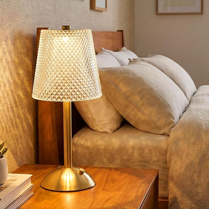 Liliful 2 Pcs Cordless Table Lamp Rechargeable Touch LED Small Gold Portable Battery Operated USB-c Desk Lamp 3 Color Dimmable for Bedroom Living Room Dining (Gold,Crystal Cut Style)