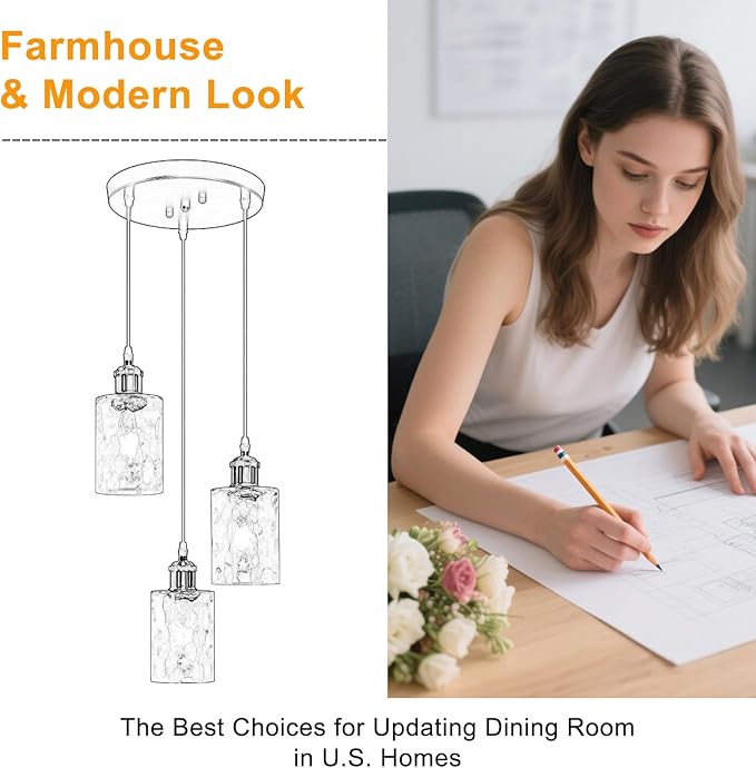 3-Light Pendant Light Fixtures, Black and Gold Pendant Lights Kitchen Island, Adjustable Pendant Lighting with Clear Hammered Glass Shade, Modern Hanging Light Fixtures for Dining Room, Hallway