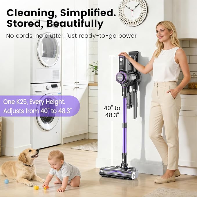 Cordless Vacuum Cleaner,75Min Runtime,600W 65KPA Dual Motor Pet Hair Vacuum for Home with AI Auto Suction,Stick Vacuums with Self-Standing Design,for Carpet,Hardwood Floors,Gift Ideas for Her