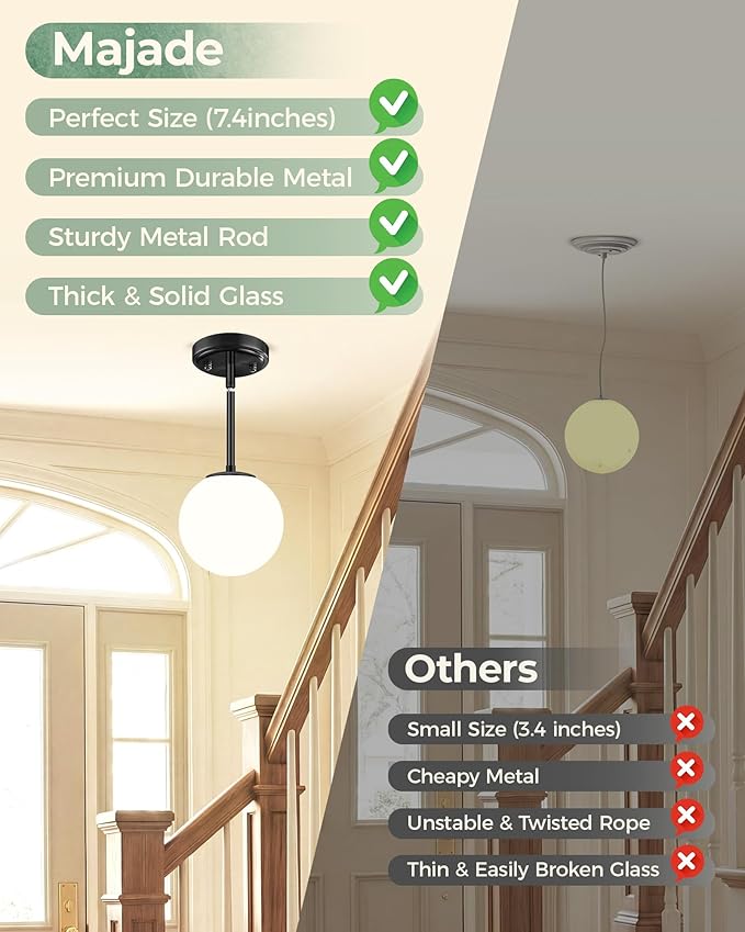 Majade Globe Pendant Lights Kitchen Island Mid Century Modern Pendant Light Fixtures 7.4 Inch Black Ceiling Lighting with Milk White Glass Shade Adjustable Hanging Light for Dining Room Living Room