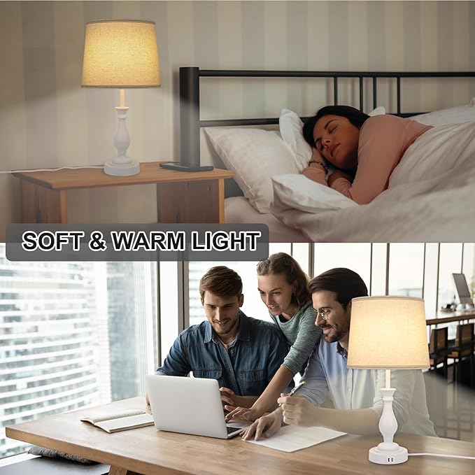 LALISU Farmhouse Table Lamp Touch Control 3-Way Dimmable Table Lamp, Modern Nightstand Lamp with 2 USB Port Bedside Desk Lamp with Fabric Shade for Living Room Bedroom Hotel (Pack 1-Off White)