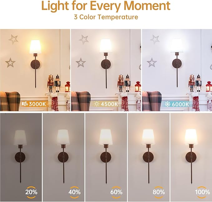 Shenmoyl Battery Operated Wall Sconces Set of 2, Walnut Color Wall Lamp 6000 mAh Rechargeable Bulb with 12 RGB Colors Dimmable Wall Sconce for Living Room Bedroom