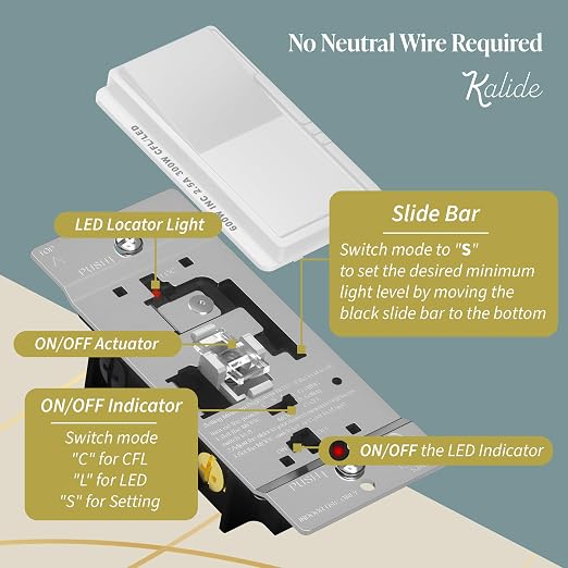 TOPGREENER Kalide Dimmer Paddle Light Switch, LED Slide Dimmer Switch, Full Range Dimming, Single Pole/3-Way, Dimmable 300W LED/CFL Lights, Neutral Wire Not Required, Wall Plate Included, White,1 Pack