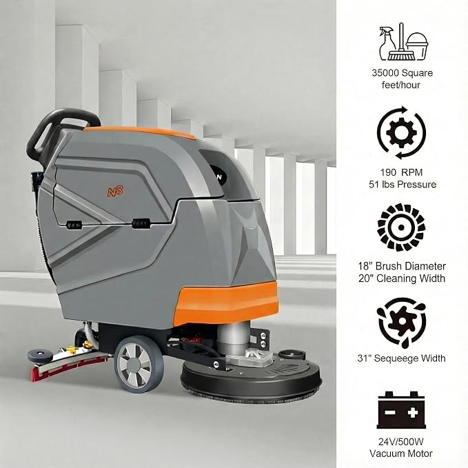N3 20" Walk-Behind Floor Scrubber Kit, 13-Gallon Tank | sturdy build; small shops & narrow corridors; lightweight simple operation; 20"path; 31" squeegee; 13-Gal tank; 190 RPM