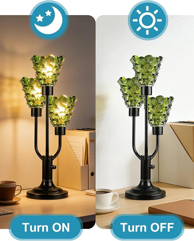Glass Vintage Table Lamp Dimmable Nightstand Lamp Mid Century Modern Black Desk Lamp with Green Glass 3 Bulbs Included Warmwhite Ambient Bedside Lamps for Bedroom Living Room Office Home Decor