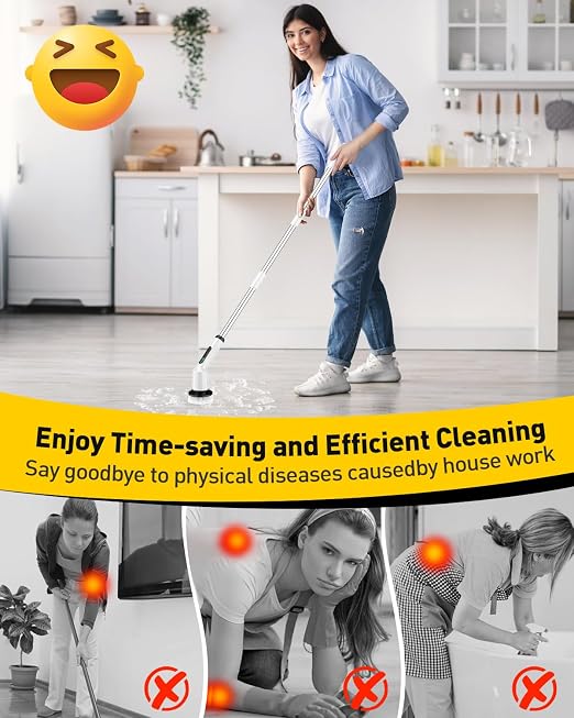Electric Spin Scrubber for Cleaning Bathroom, Shower Scrubber Cordless Cleaning Brush with IPX7 Waterproof & 2 Speed, 3 Flat Brush Heads, Bathroom Cleaning Supplies for Shower Tub Kitchen Tile Toilet