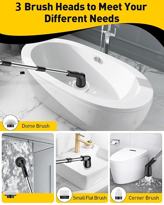 Electric Spin Scrubber for Cleaning Bathroom, Shower Scrubber with IPX7 Waterproof & 2 Speed, 3 Brush Heads, Abrasive Flat End Brushes, Bathroom Cleaning Supplies for Toilet Shower Tub Sooty