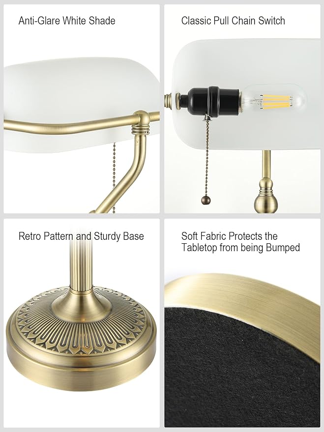 Traditional Glass Bankers Desk Lamp with Pull Chain Switch Plug in Fixture