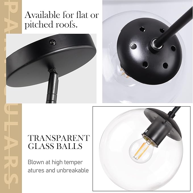 Bagood 8 Inch Black Mid Century Pendant Light Globe Clear Glass Fixture Lights Kitchen Island Globe Pendant Light Mid Century Adjustable Hanging Farmhouse Lights Fixtures for Kitchen Island