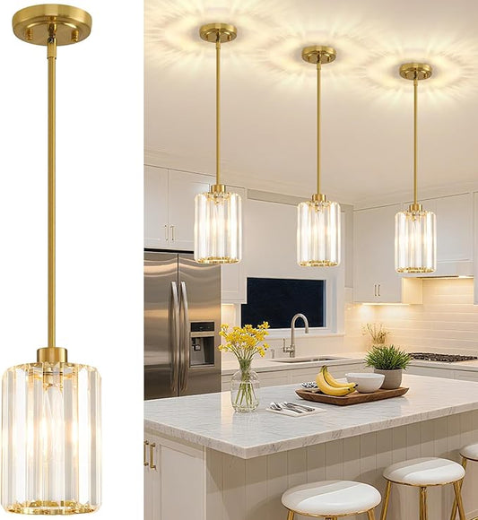 3 Pack Pendant Lights Kitchen Island, Modern Gold Pendant Light Fixtures, Mini Chandelier Crystal Kitchen Island Lighting, Hanging Pendant Lights Fixture for Kitchen Island Dining Room Hallway Foyer