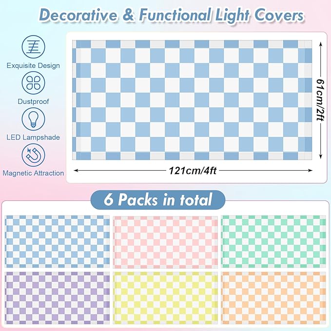 6 Pcs 4 x 2 Feet Fluorescent Light Covers Pastel Checkers Magnetic Light Cover for Ceiling Lights with 60 Magnets Decorative Magnetic Filters for Home Office Classroom Kitchen Decoration