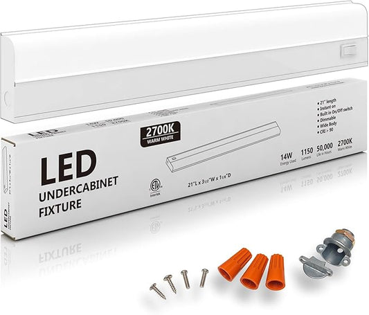 Hardwired LED Under Cabinet Task Lighting - 14 Watt, 21", 2700K (Soft White), Wide Body, Long Lasting Metal Base with Frost Lens