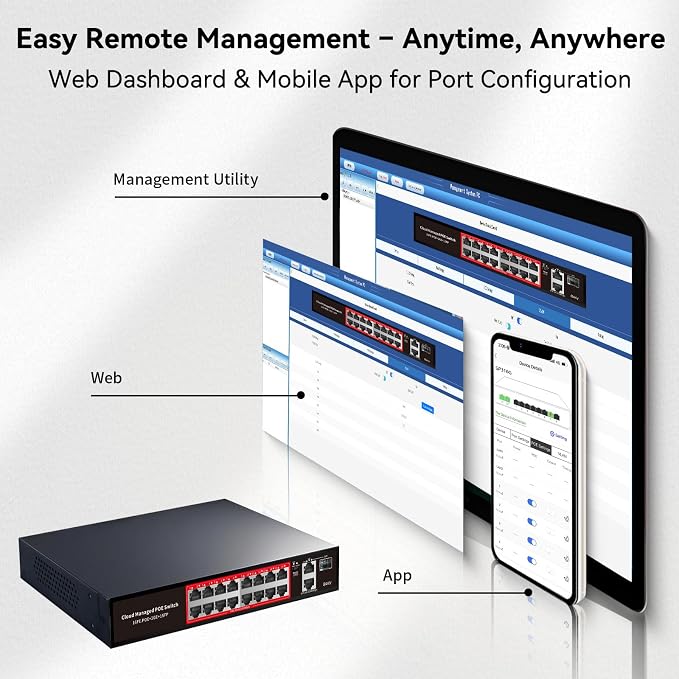 PoE Switch, 16 Port Managed POE+ Ethernet Switch(16 POE+ Ports+2 Gigabit Uplink,1 x 1.25G SFP), 240W Built-in Power, Support VLAN, QoS, Fanless Metal, Plug & Play(Wall Mount/Rack Mount)